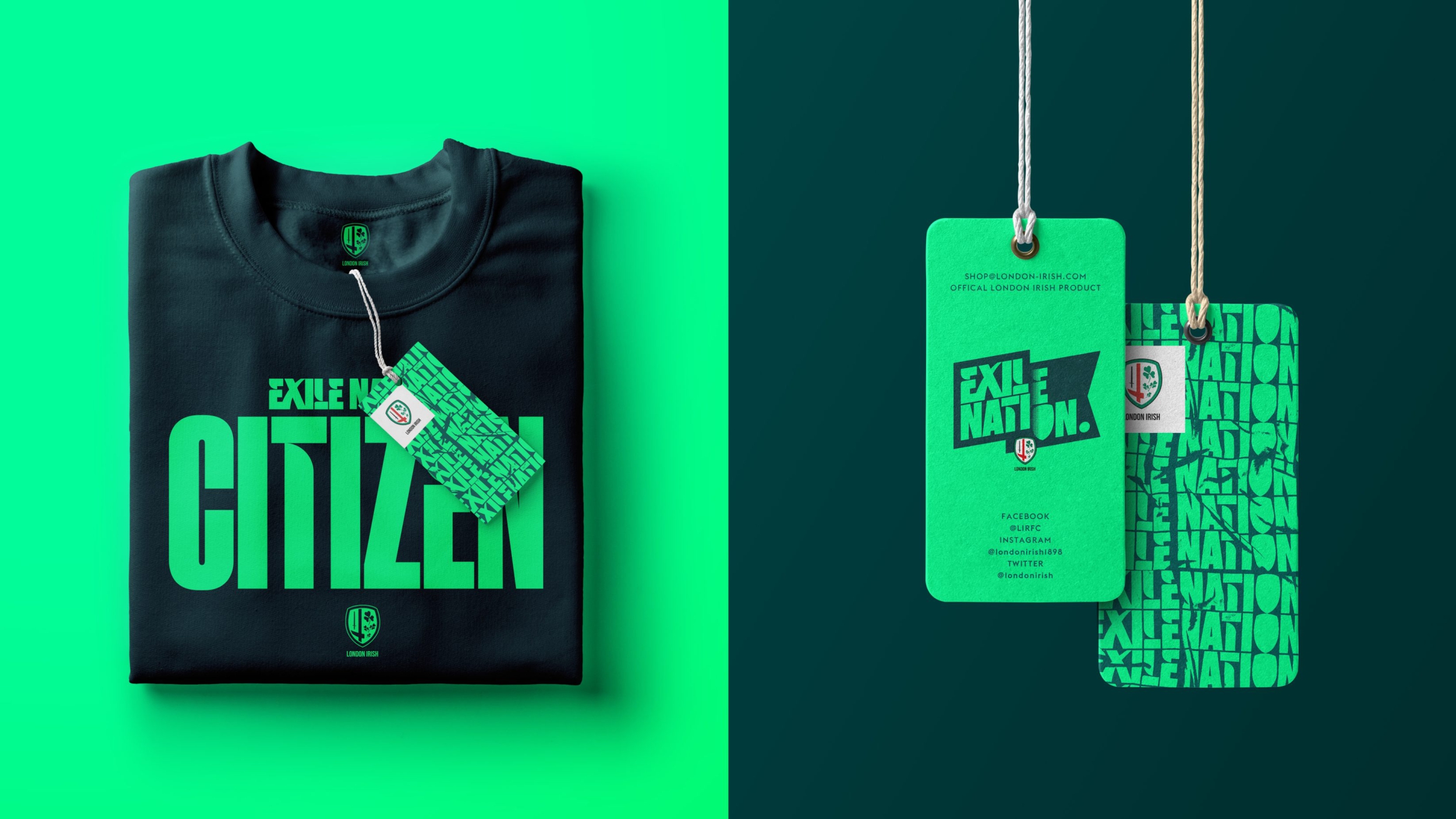 Green-on-green branded merchandise designed to promote the wearer as a citizen of the Exile Nation
