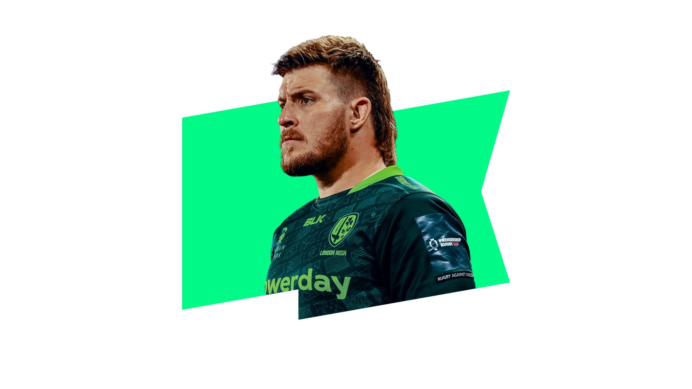 A left-diagonal facing profile of a focused rugby player outlined with a flag shape in neon green.