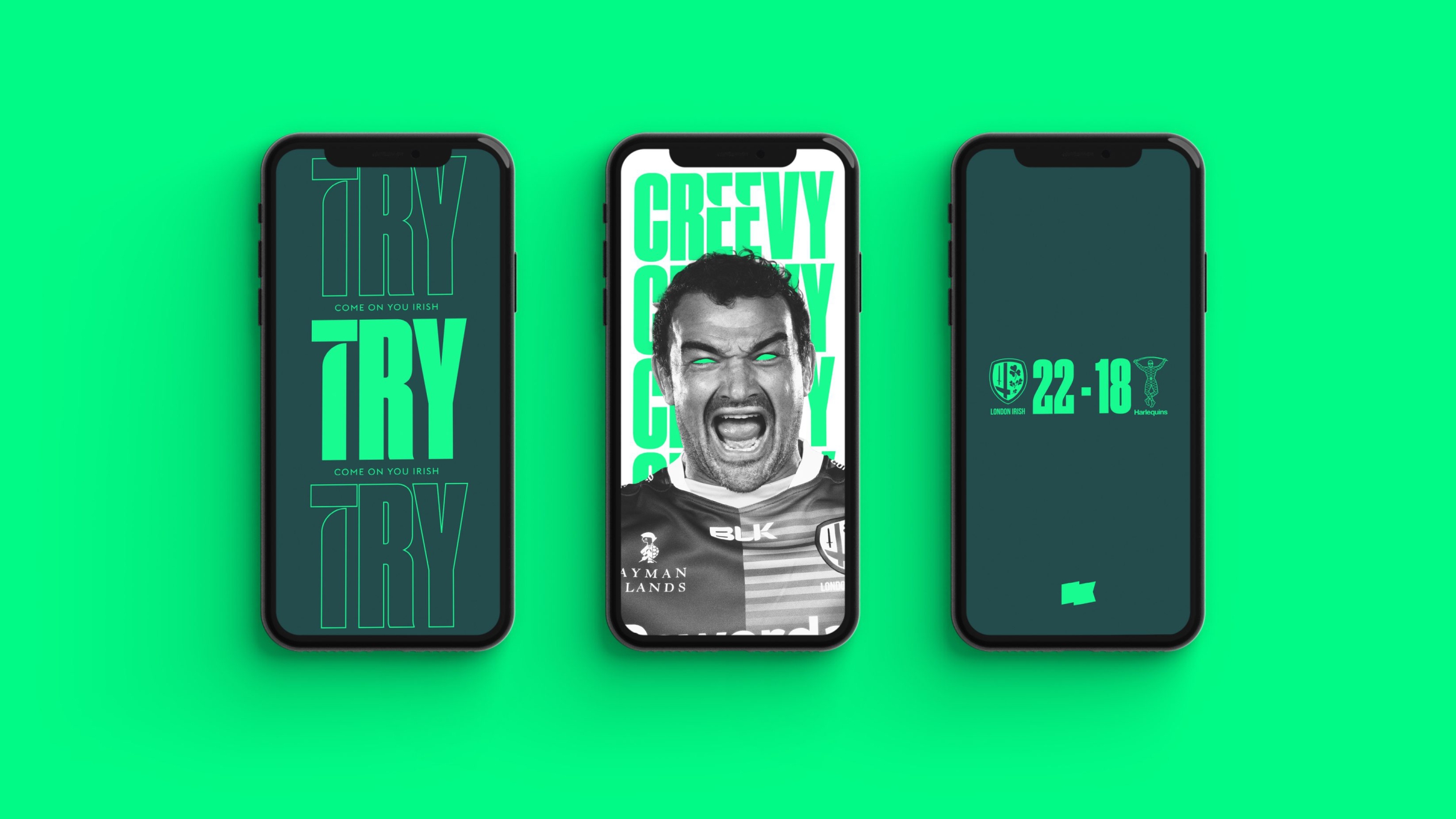 A triad of brand concepts on mobile devices using London Irish’s green-on-green colours and themes of unity and passion
