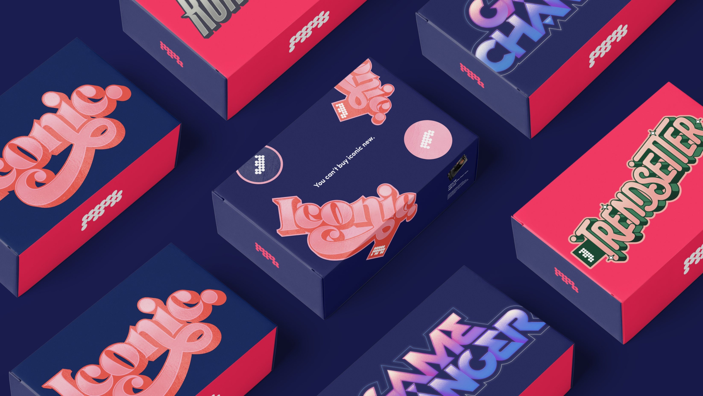 Seven branded boxes with various designs with focus on the statement 'you can't buy iconic new'