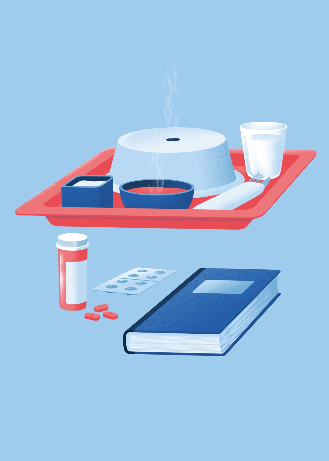 Illustration of a meal time items, including a tray with food and water, medication and a book