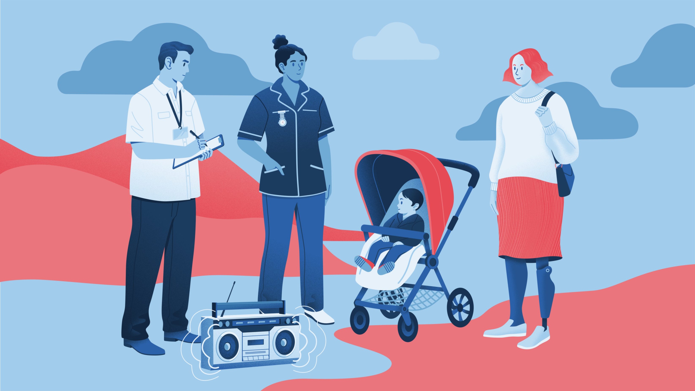 Illustration of a mother and baby in a pram, being assessed by two medical professionals