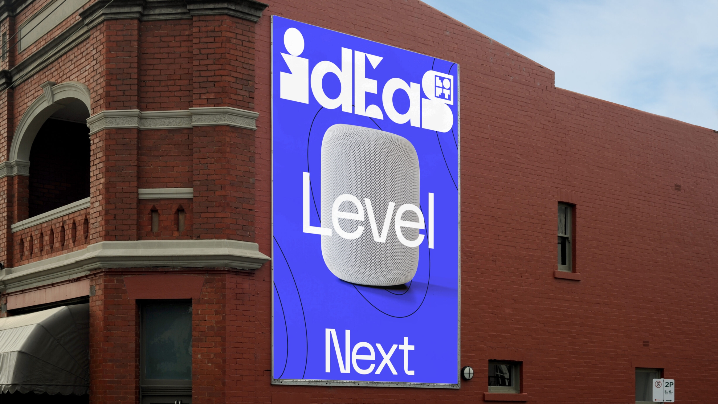 A building poster conceptualisation. Next level Ideas in different fonts, amplifying in size and read from bottom to top over a white music speaker.