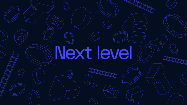 Next Level text, with outline illustrations of graphic assets blocks