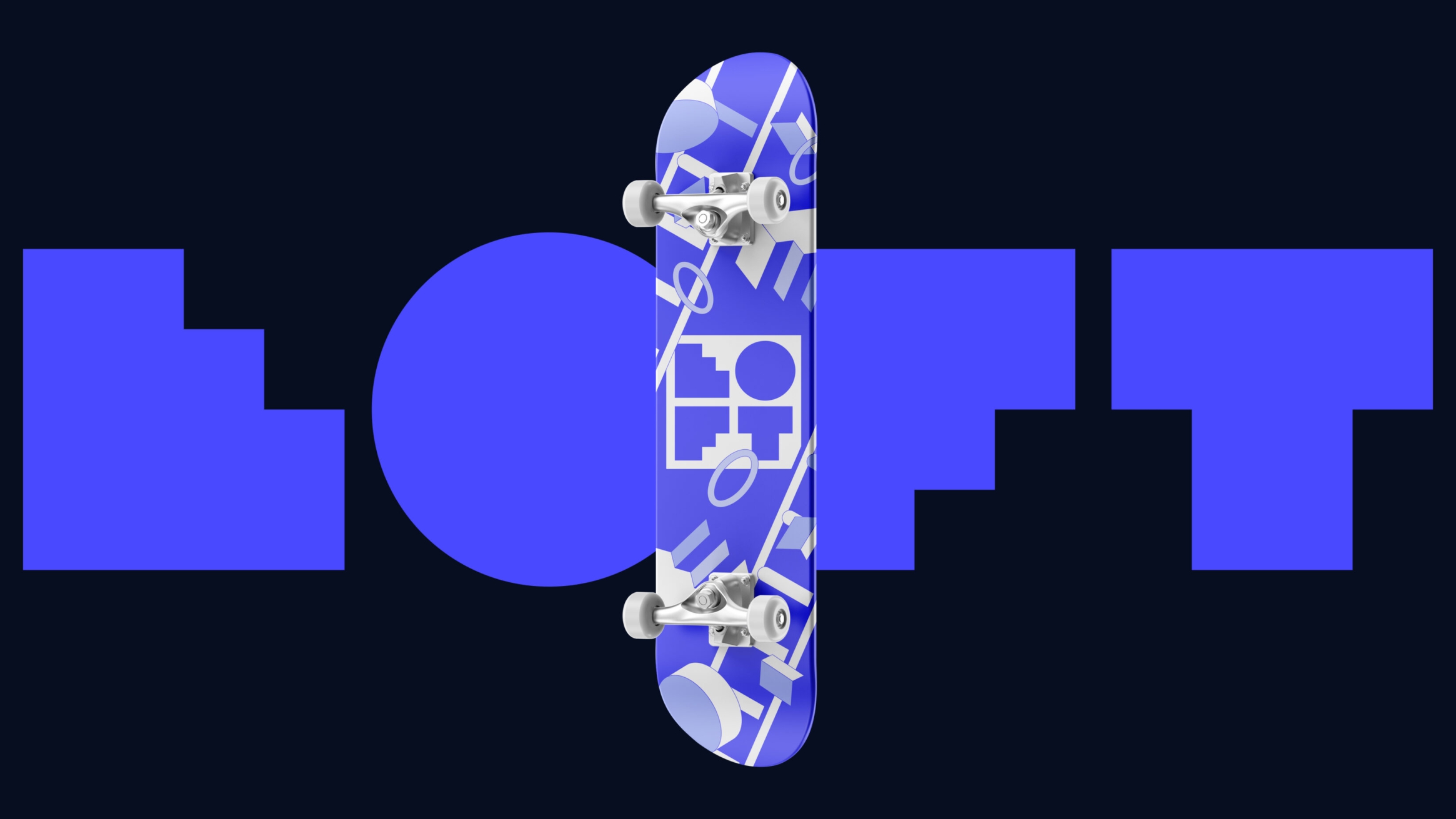 A branded skateboard design laid over the Loft logo