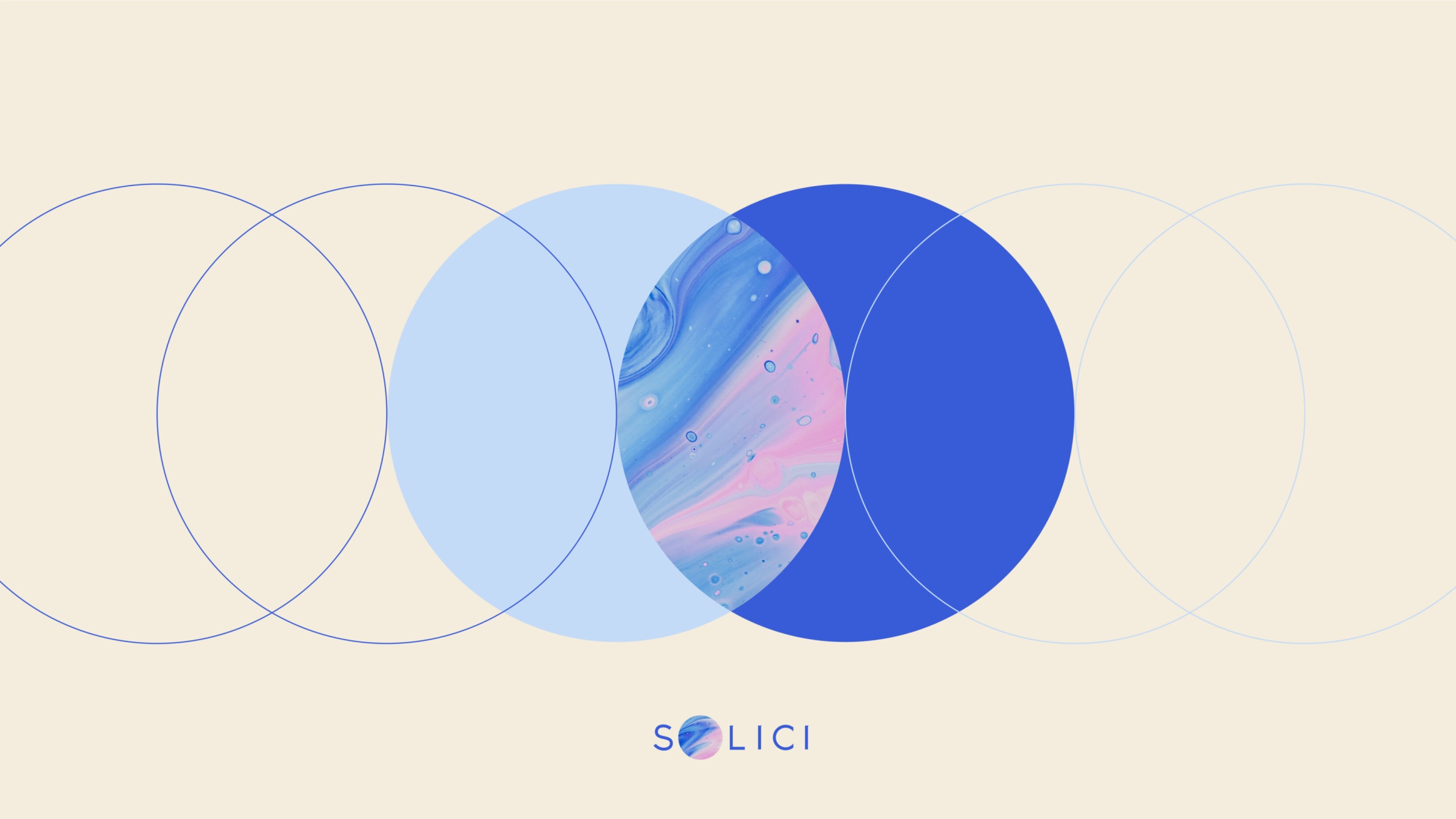 6 circles begin from the sides as only borders, progressing further inwards with block colours of blue before meeting in the middle with bubble-spattered brushwork colours of blue and pink. This is used as a breaker between text on Solici's website.