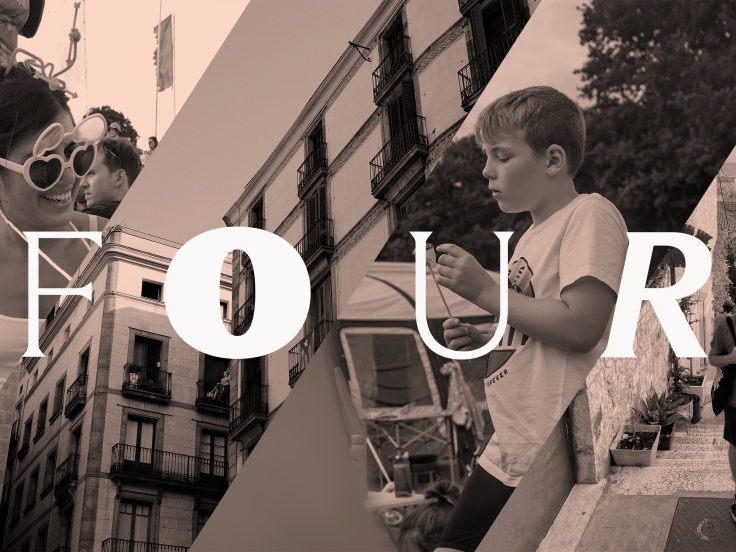 A composition of a smiling female at a festival, a traditional building in Barcelona, a boy roasting marshmallows on a campsite and a grinning young man at the top of steps in a Croatian seafront alleyway.