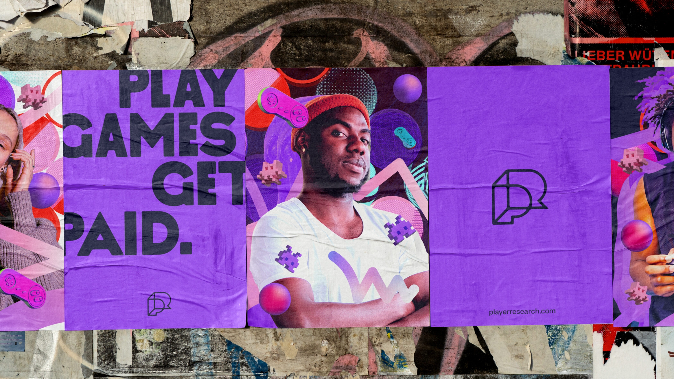 player research paste up posters on grungey wall