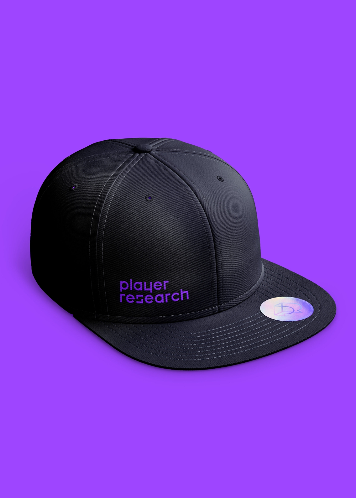 Player Research cap, with a purple logo on a dark blue cap