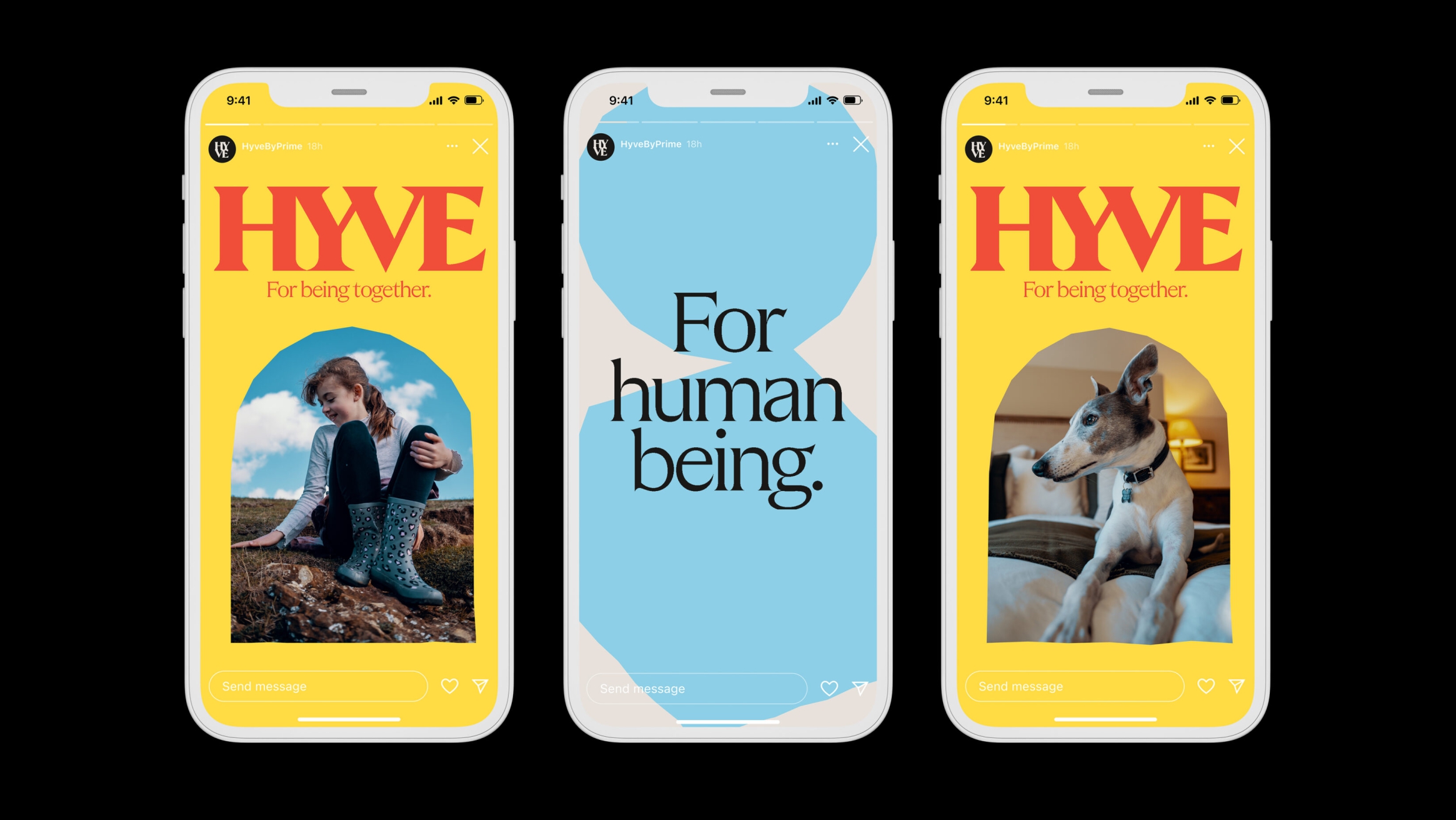 Instagrams stories visuals on three mobile phones.