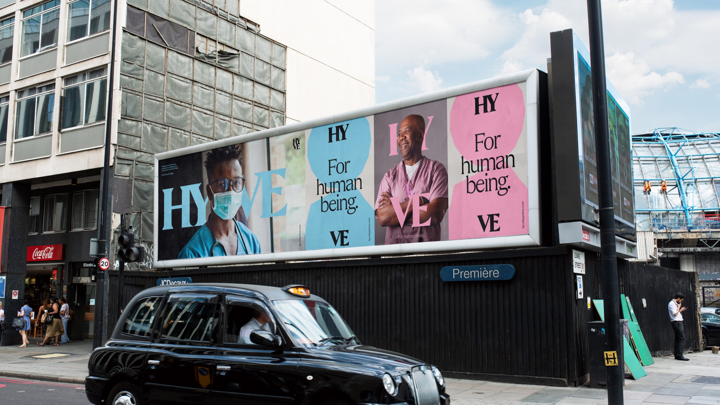 Outdoor poster set on a large billboard, consisting of four posters, with brand messaging and relative imagery.