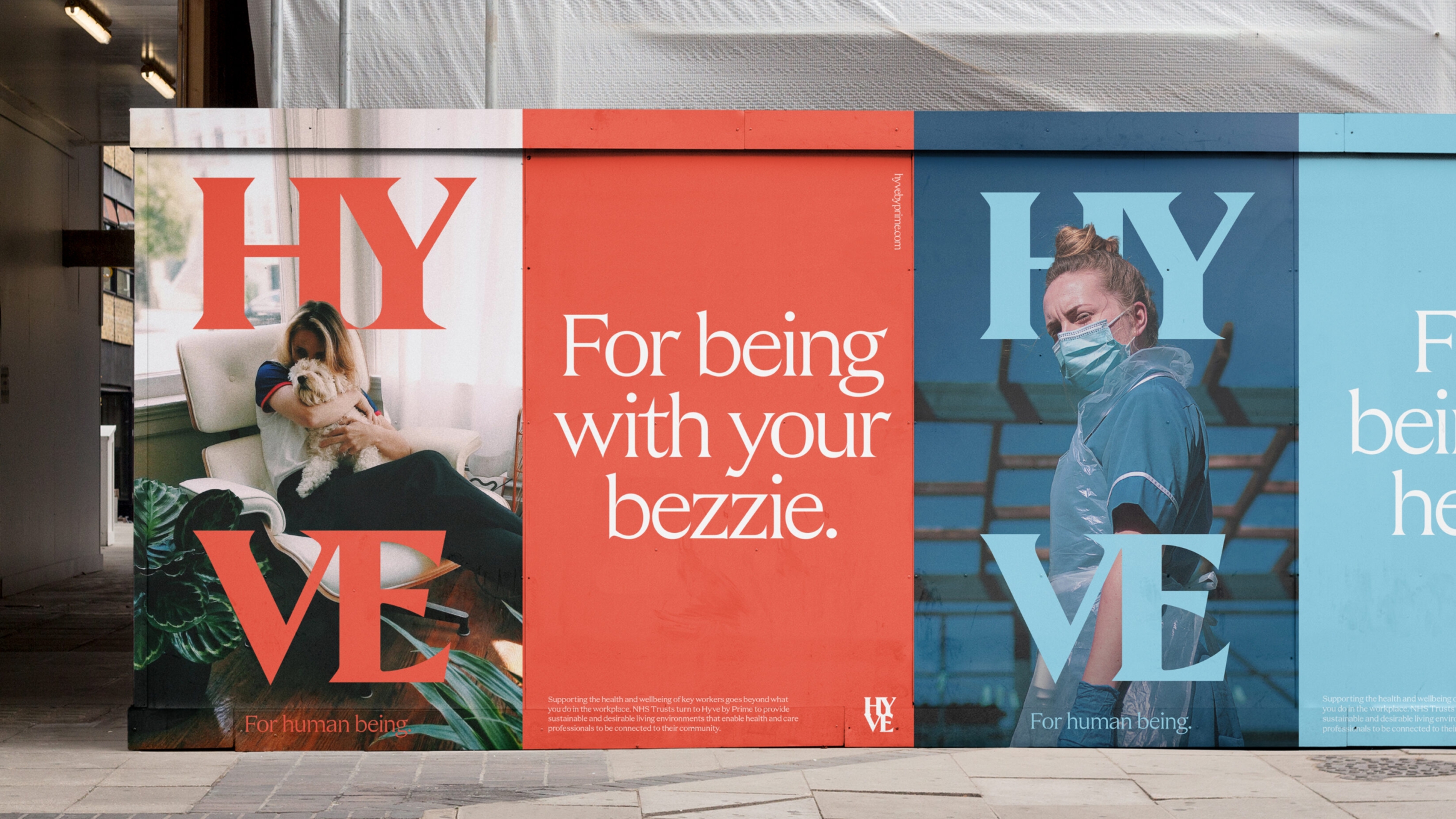 Outdoor poster set on construction hoarding, consisting of four posters, with brand messaging and relative imagery.
