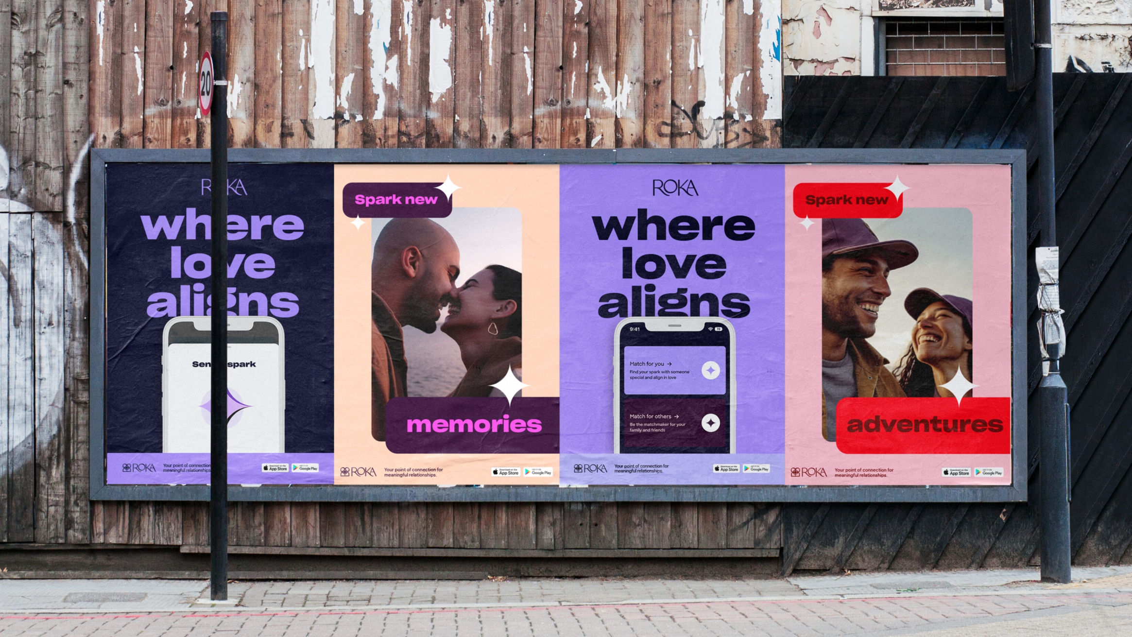 4 poster set using the brand strapline, and couple images, on an outdoor billboard