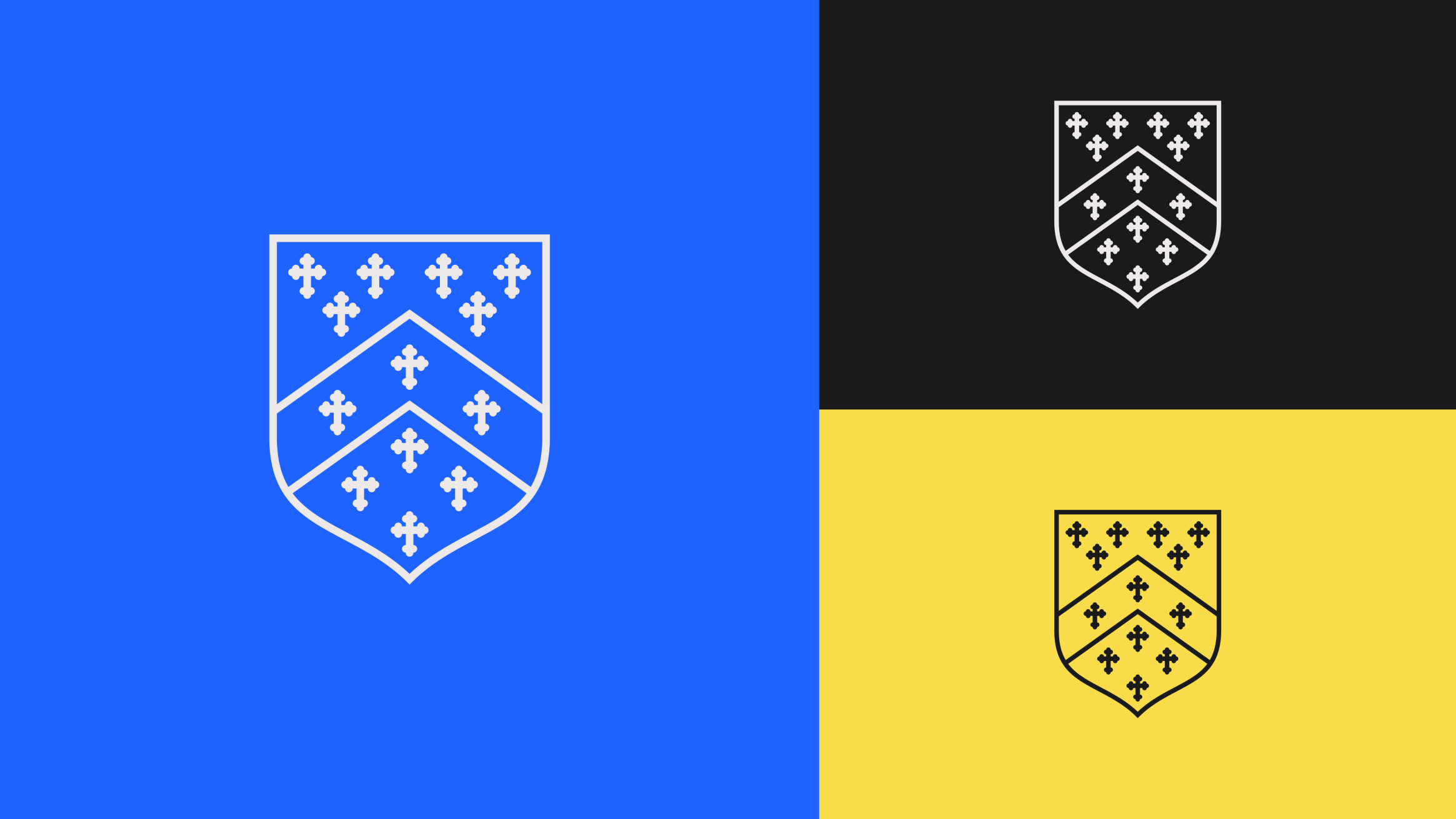 Suite of logo shields on three different brand colours.