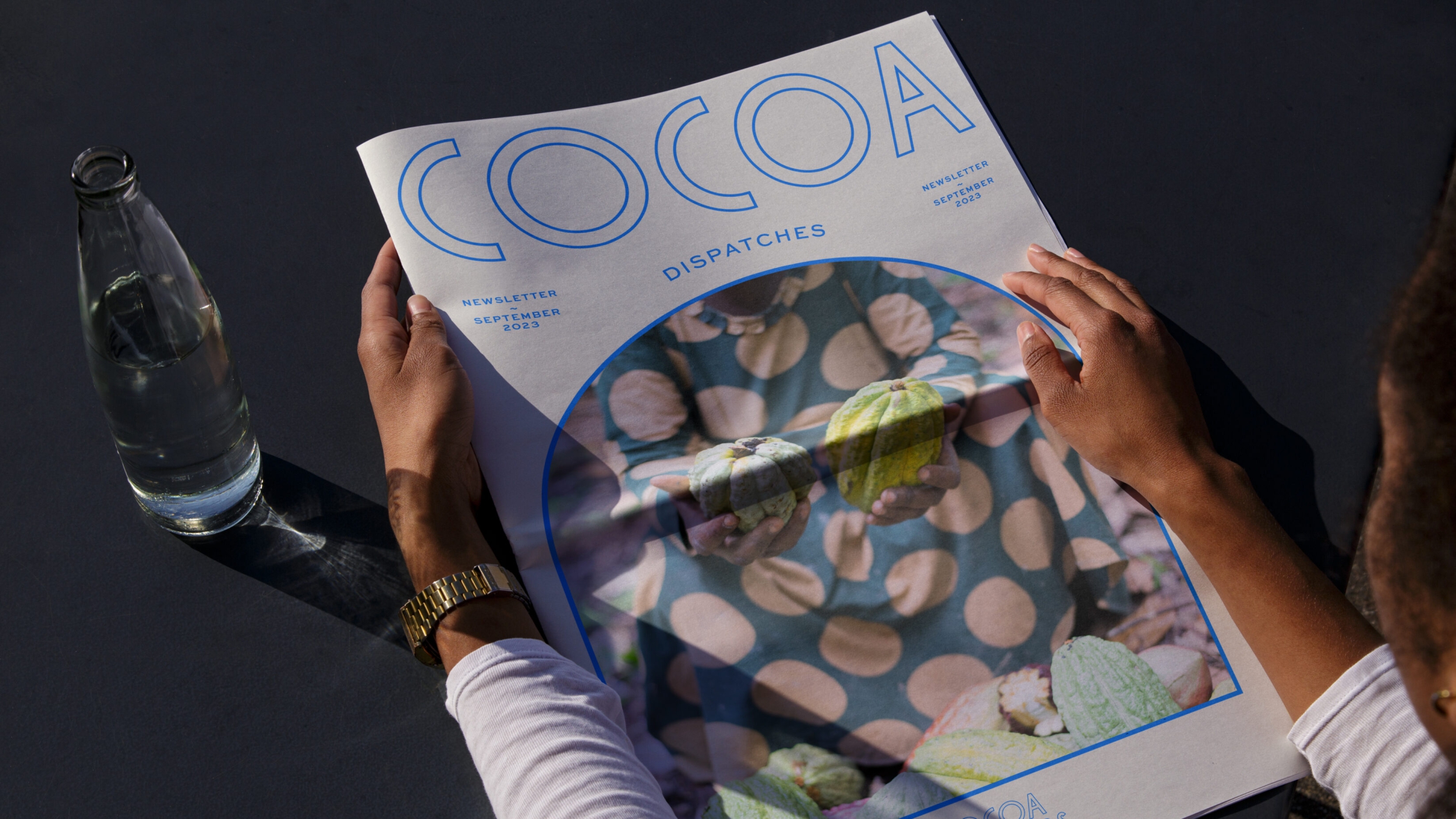 Cocoa Dispatches newspaper, with an image of cocoa pods on the front.