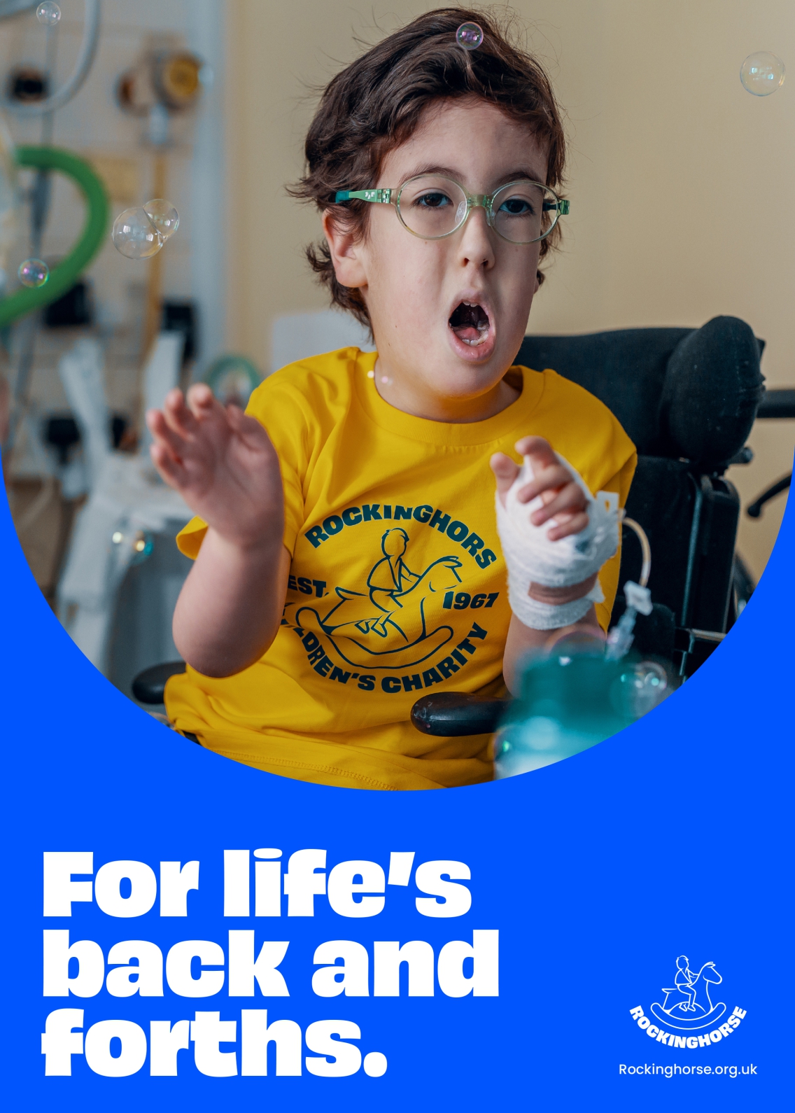 Rockinghorse poster for advertising with child in the Rockinghorse yellow t-shirt