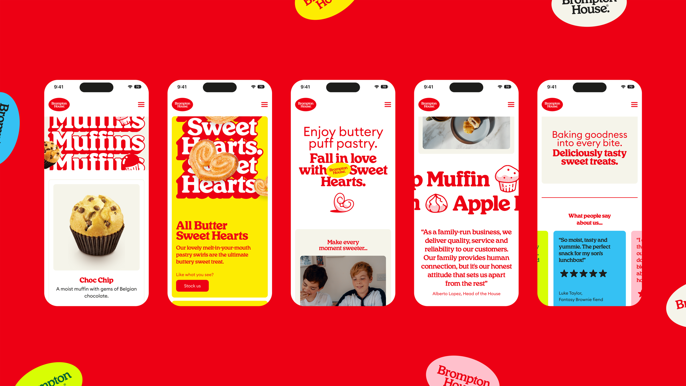 A series of phones open on a series of the new Brompton House website pages. Red background dotted with branded oval stickers at the borders.