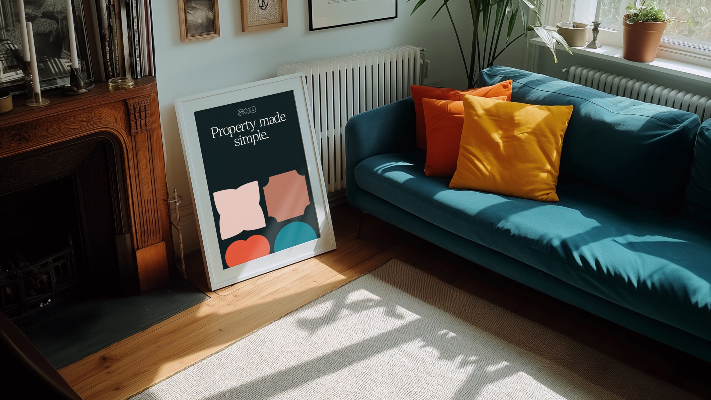 Living room, with a teal green sofa, and a poster leaning up against the wall, with the strapline 'property made simple' on it and the brand pattern in the background.
