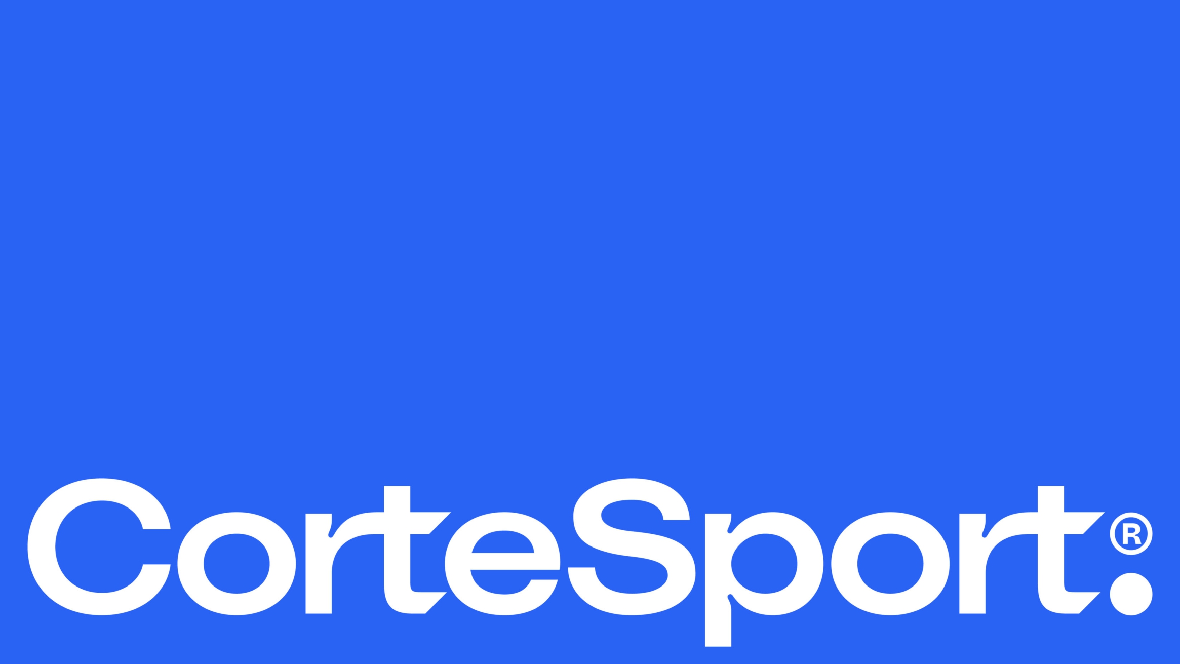 White CorteSport wordmark, full width and bottom aligned on a bright blue background.