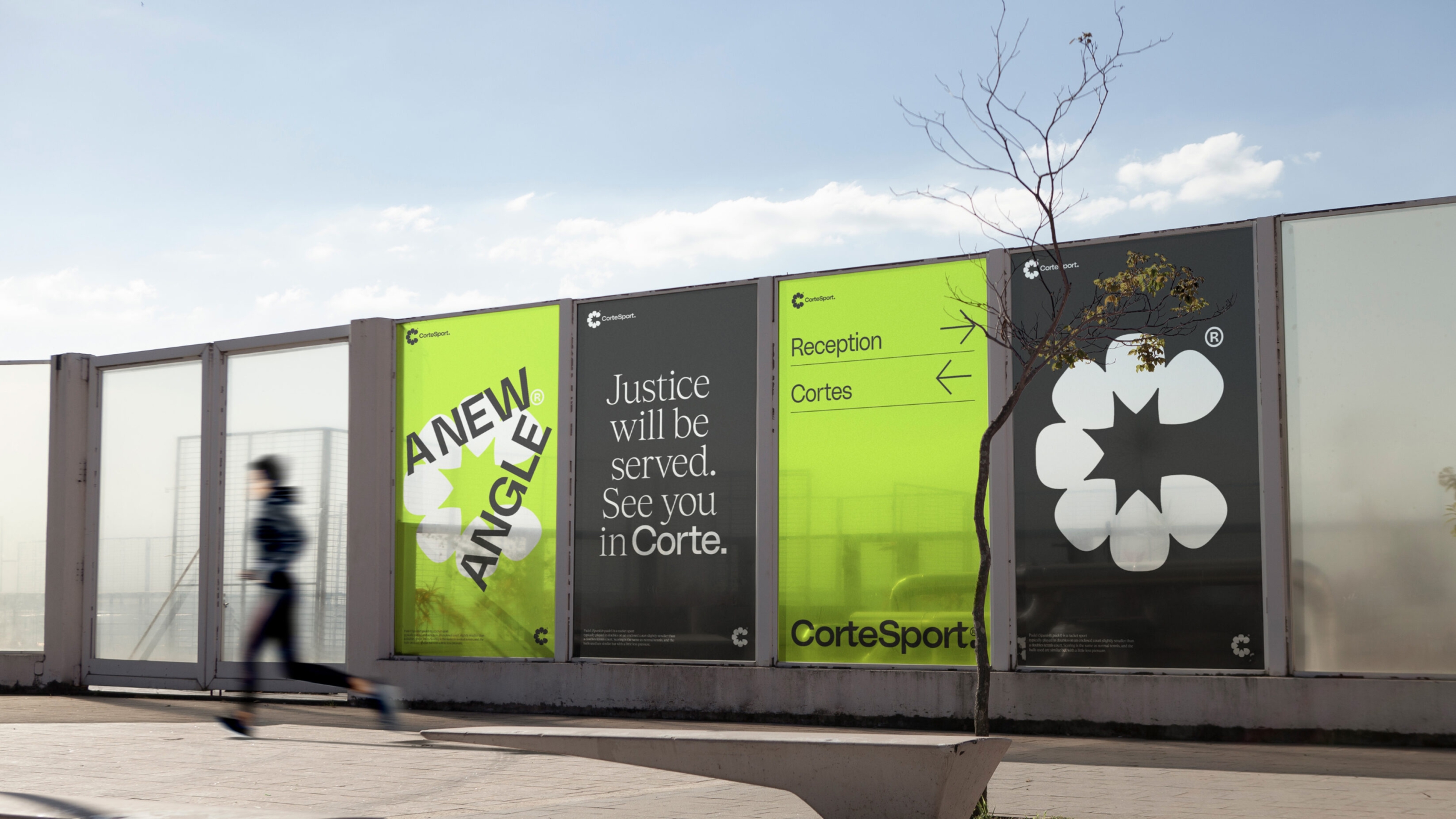 Wayfinding signage at a CorteSport venue, giving directions ot the courts and reception.