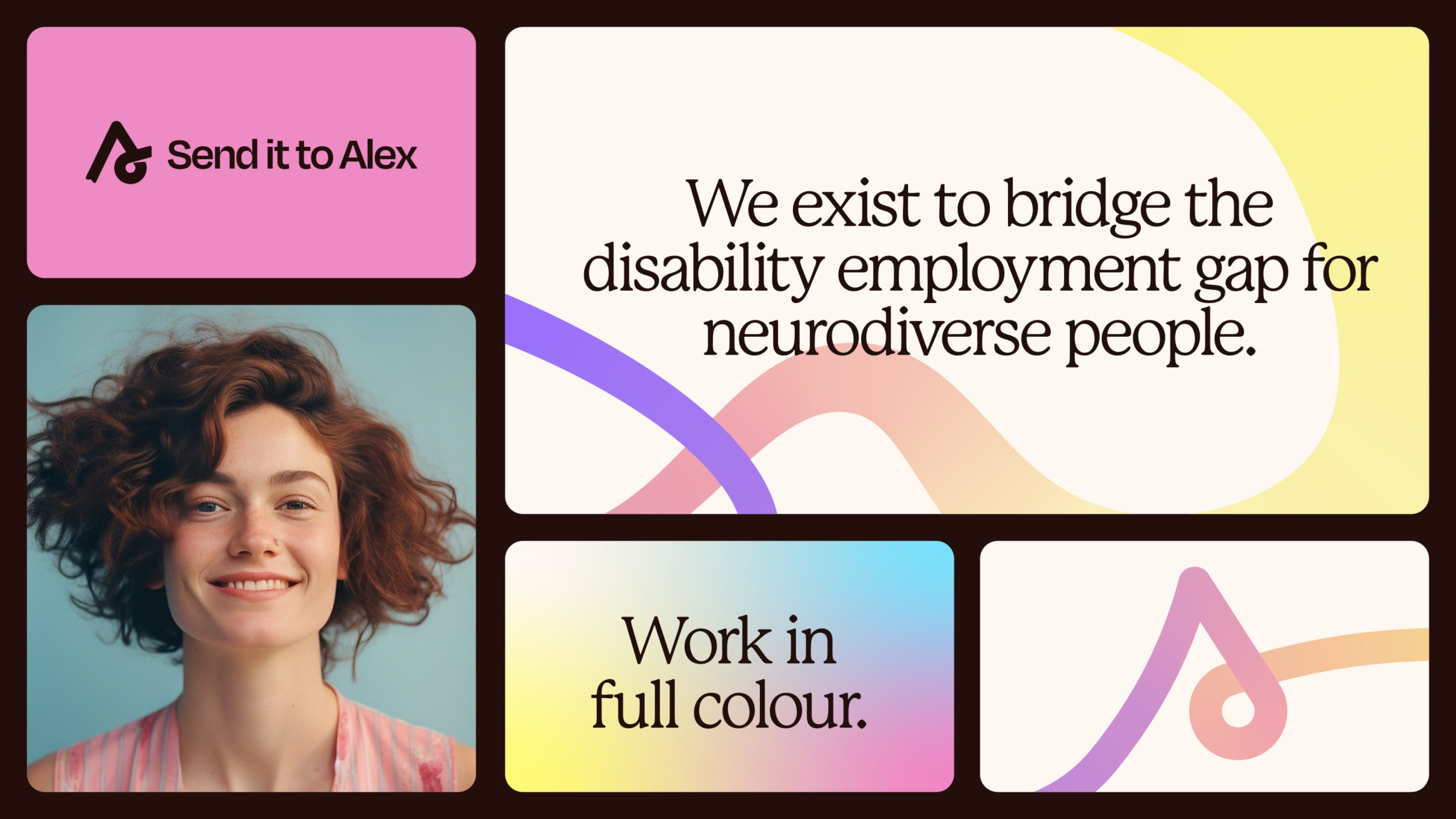 A group of brand elements, from type only examples, to a portrait image of a young woman smiling.