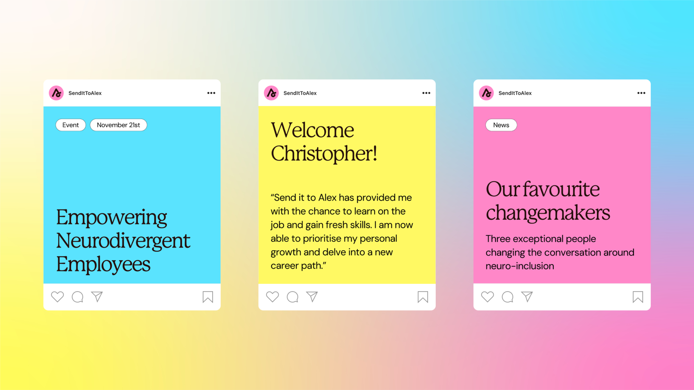 Three social media posts, showing text on a bright blue, yellow and pink backgrounds.