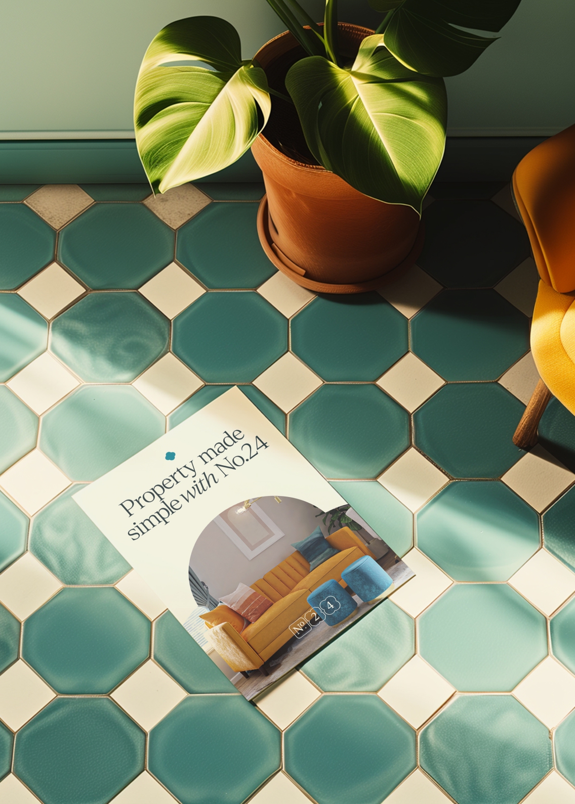 Property flyer on a green tiled floor, with the tiles matching the shapes used in the brand pattern.