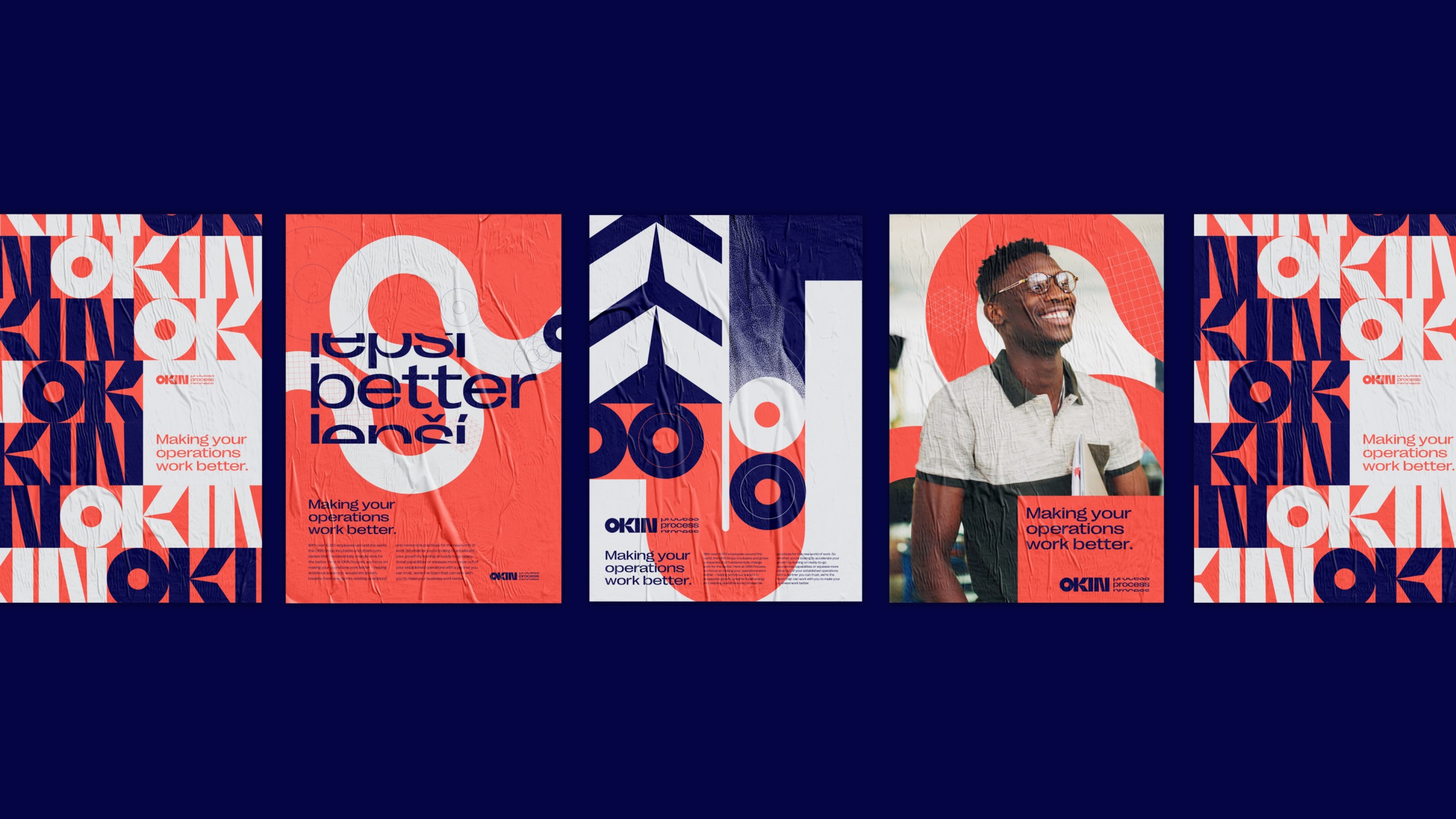 A set of posters advertising OKIN Process with the slogan 'making your operations work better'.