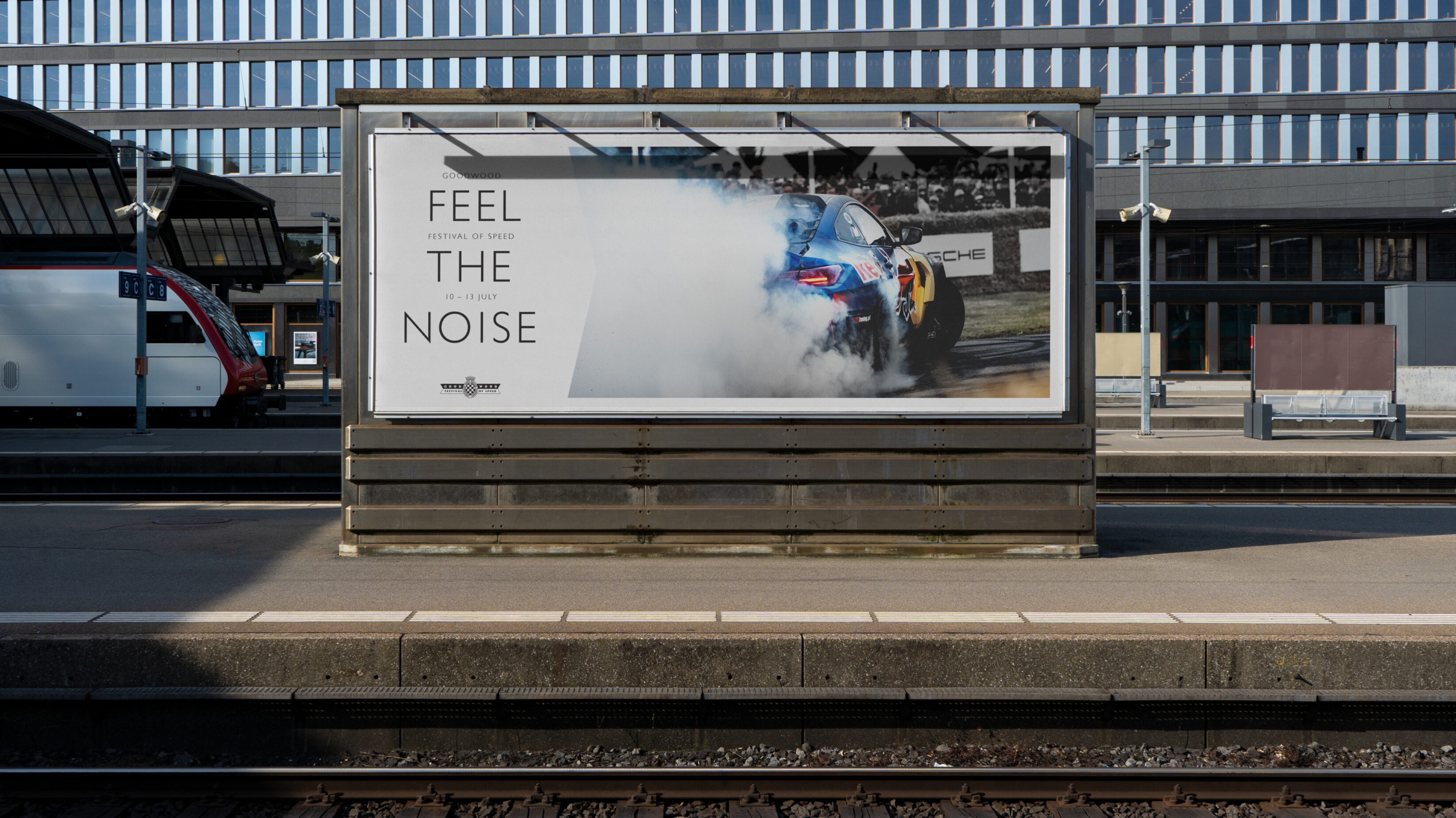Billboard at a railway station promoting the Festival of Noice theme.