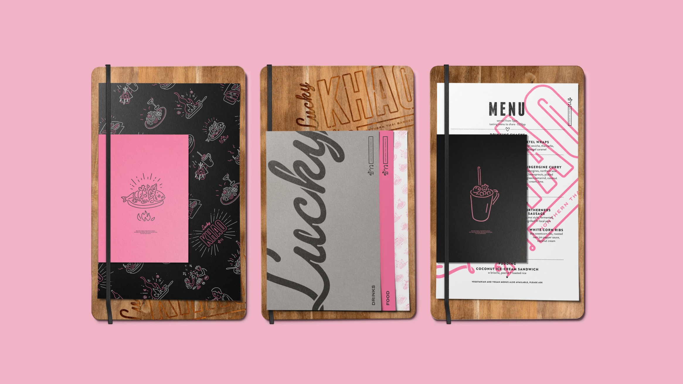 Three menus, each attached to a wooden board