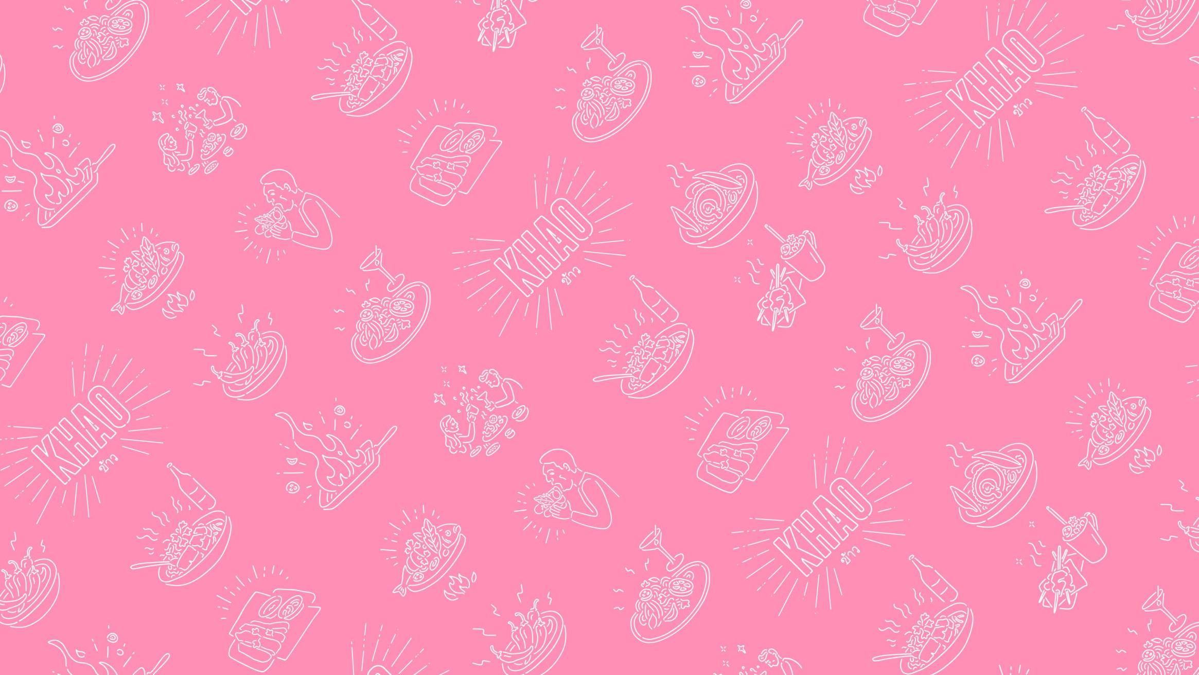 Pattern with food and the logo in white, on a pink background